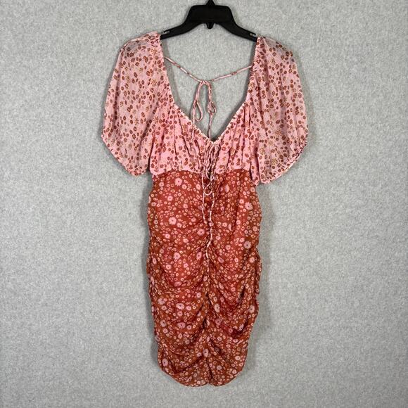 Free People Dress Medium Pink Brown Floral Mini Tessa Ruched Puff Boho Cottage - Picture 1 of 13